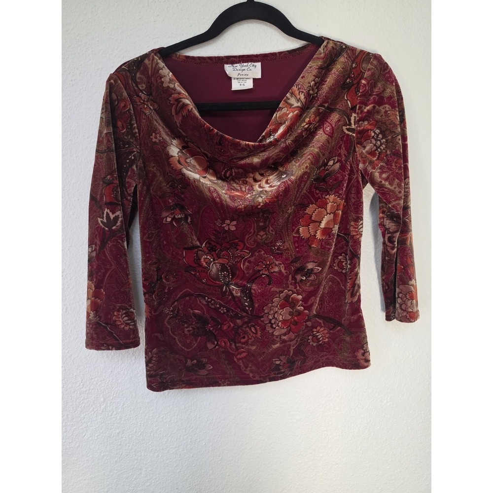New York City Design Co. Floral Velvet Blouse P/S Maroon Vintage 90s Top